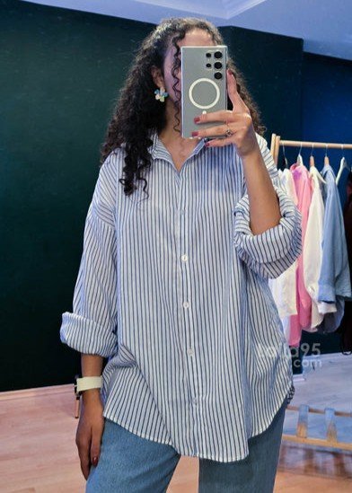 قميص اوفر سايز مخطط ازرق